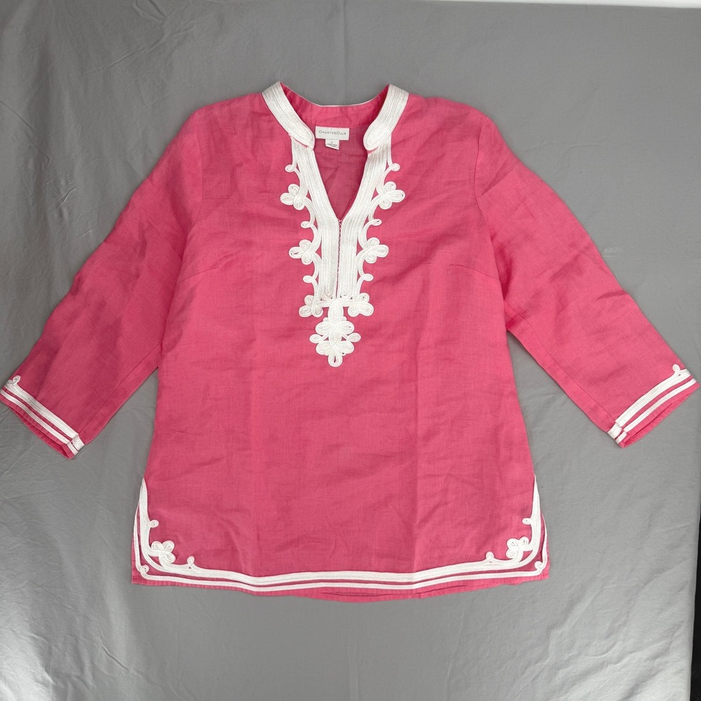 Charter Club Womens Pink 100% Linen Soutache Embroidered Tunic Top Size L READ
